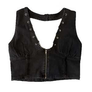 Fashion Nova Living On the Edge Black Denim Crop Halter Top M Y2K Festival Rock